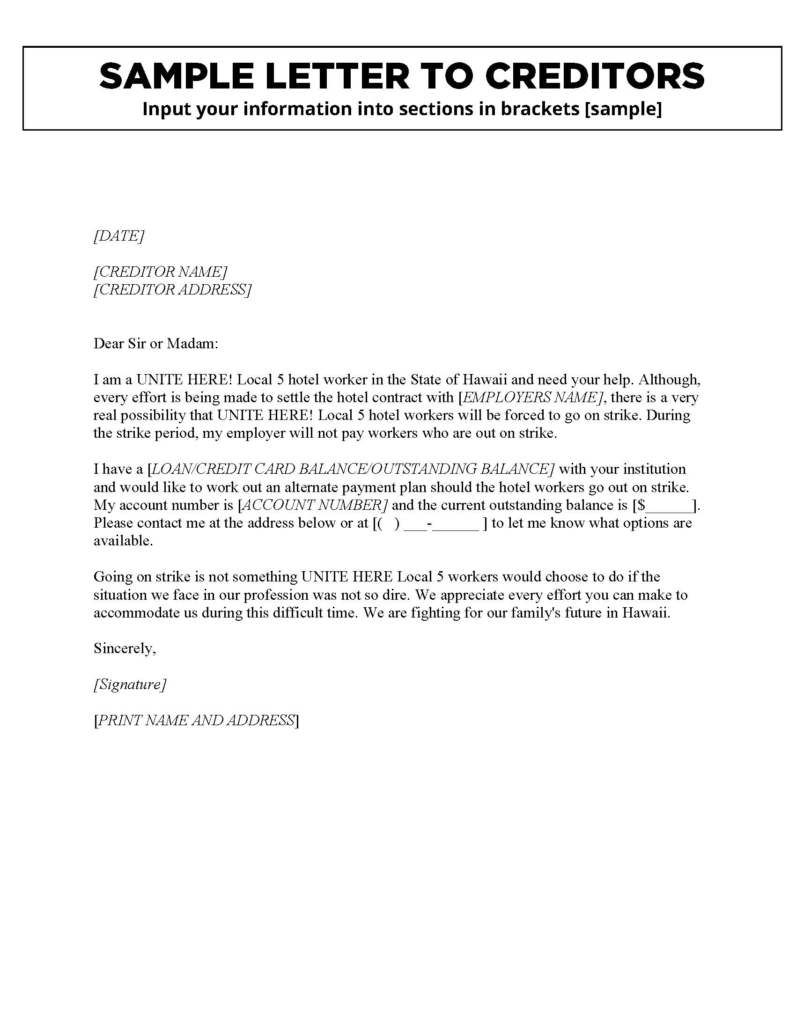 Letter to Creditor Template - UNITE HERE Local 5